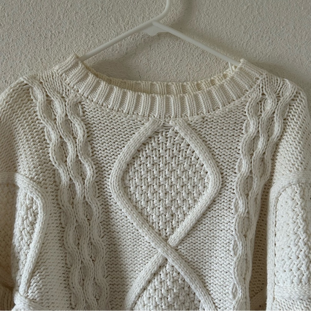 Line + Dot Women’s Knit Sweater XS off white Chunky Fringe Oversized Cottagecore - Picture 3 of 15